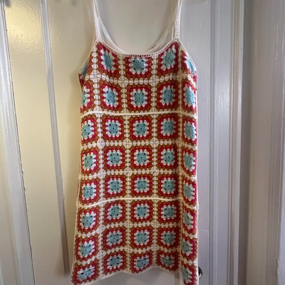 Willow & Wind Mini Tank Dress Cover Up Women's Sm Crocheted Granny Squares Pink - Picture 3 of 6